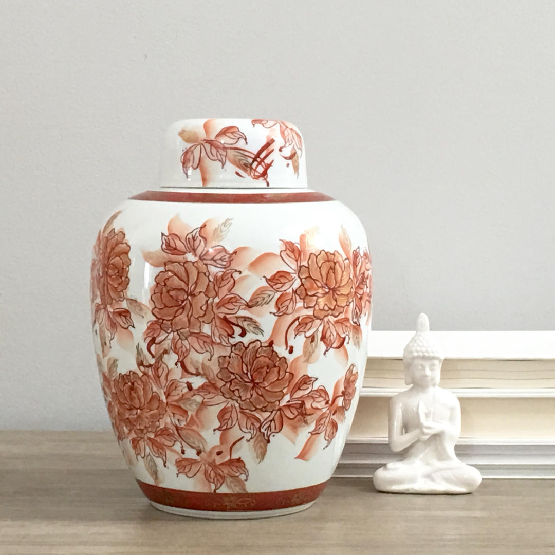 Large Coral Ginger Jar Japanese Porcelain Asian Chinoiserie Decor | Mod ...