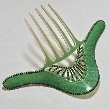 Art Deco Jade Green Rhinestone Comb, Celluloid Comb, | Comb  display picture 3