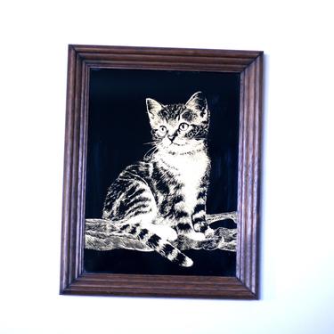 vintage reverse painted glass cat picture 