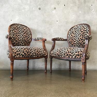 Pair of Vintage Wood Louis XVI Style Fauteuil Chairs