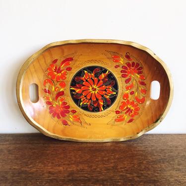 Vintage Mexican Hand-Painted Floral Wooden Tray 