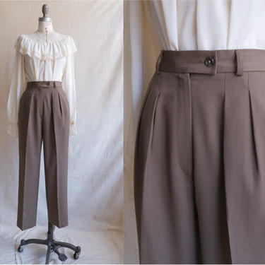 Vintage Olive Green Pleated Trousers/ 1980s High Waisted Wool Dress Pants/ Size Small 25 