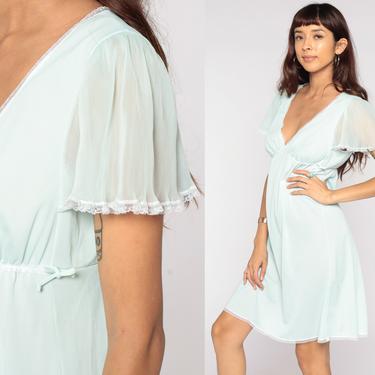 Babydoll Nightgown Pastel Mint Lingerie Slip Dress 70s Mini Boho Sheer Nightgown FLUTTER SLEEVE Sexy Pajama Vintage Medium 