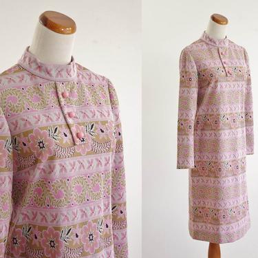 Vintage Mod Dress, 60s Dress, Long Sleeve Knit Dress, Mock Turtleneck, Pink & Beige Brown Floral Print Shift Dress, Medium 