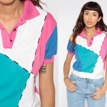 Color Block Shirt 80s Hot Pink Polo Top Teal White Shirt Slouchy Shirt Short Sleeve 90s Vintage Collared Polo Shirt Small S 