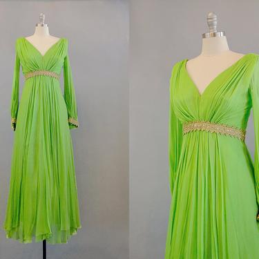 1960s Green Silk Chiffon and Gold Evening Gown // Size Small 