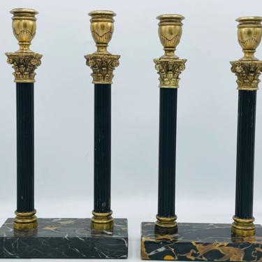 Antique Pair of Tall Black  Marble Double Candle Stick Holders with Gold  Metal  12&amp;quot;  tall- excellent 