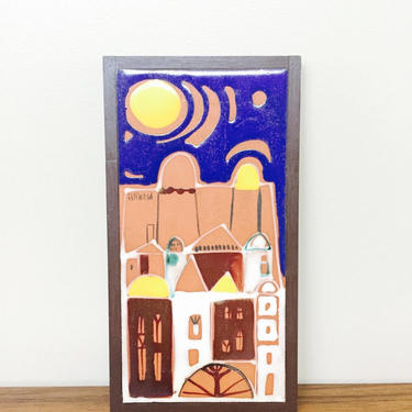 SUSANA ESPINOSA Abstract Mid Century Ceramic handmade wall hanging Village Scene Night Sky 