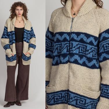 70s Boho Cowichan Cardigan Jacket - Men's Large, Women's XL | Vintage Chunky Southwestern Knit Zip Up Pocket Sweater 