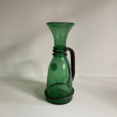 Vintage Italian Handblown Green Glass Carafe with Wrought Iron Handle with Leather Trim Wine Decanter Sangria Carafe 
