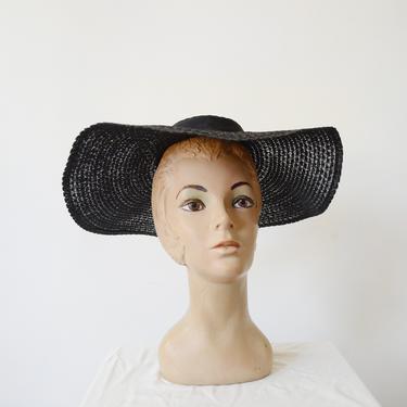 1950s Black Wide Brim Hat / Picture Hat / Platter Hat 