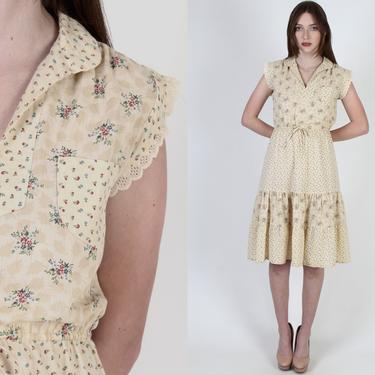 Vintage 70s Bouquet Floral Prairie Dress Thin Beige Garden Waist Tie Tiered Mini Dress 