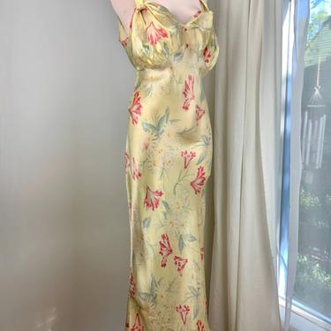 1940'S Satin Bias Cut Negligee  - Yellow Floral Rayon Satin - Interesting Knotted Strap details - Size LARGE 