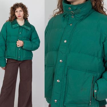 70s Green Puffer Down Fill Jacket - Men's Large | Vintage Unisex Quilted Zip Up Winter Ski Coat 