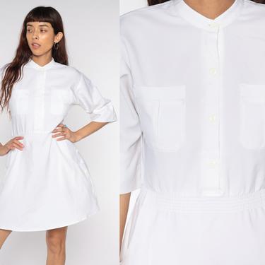 80s Nurse Uniform Dress White Mini Dress High Waist 70s Costume 3/4 Sleeve 1980s Plain Retro MiniDress Vintage Barco Small Medium 