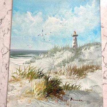Vintage Beach Lighthouse Oil Painting Signed by Artist, Antique Beach Theme Painting by LeChalet