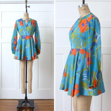 vintage 1970s mini dress • bright oversized floral go-go dress with sheer puff sleeve • zipper front 