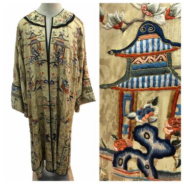 Vintage 19th Century Qing Dynasty Chinese Silk Microembroidered Robe Jacket 