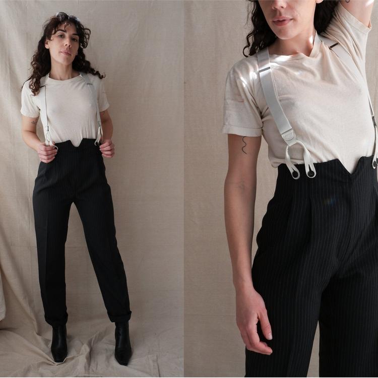 Vintage 80s Suspender Pinstripe Trousers/ 1980s High Waisted