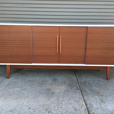NEW Hand Built Mid Century Inspired Buffet / Credenza / TV Stand. White and Mahogany four door with straight leg base. 