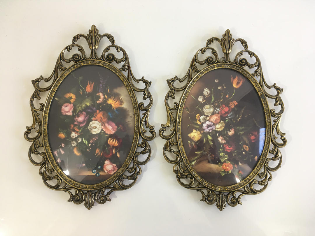 Vintage Oval Bubble Framed Flowers Ornate Metal Frames Made in Italy