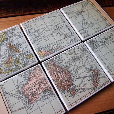 1931 Oceania Map Coaster Set of 6. Vintage Australia Map. New Zealand Gift. Indonesia Map. Philippines. Pacific Islands. World History Gift. 