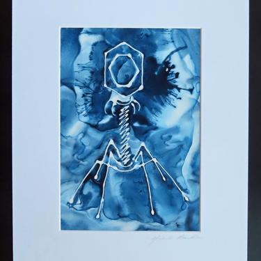 Indigo Bacteriophage: Ink painting on Yupo (poly paper) Science Art 