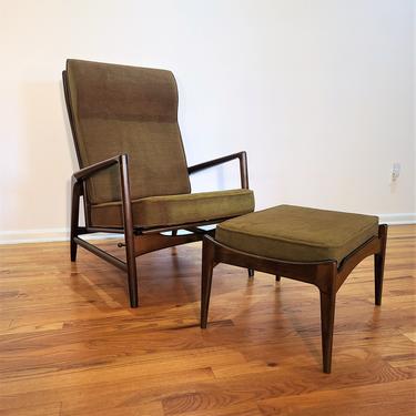 Mid Century Ib Kofod Larsen for Selig High Back Reclining Wood Lounge Chair with Ottoman 