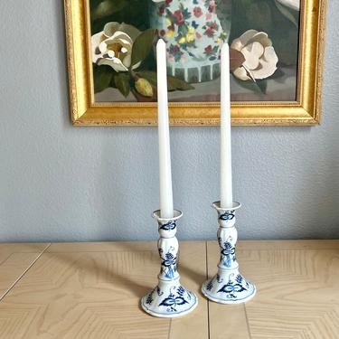 Blue Danube Vintage Candlesticks, Set of 2, Candle Holders, Blue and White Home Decor, Japan, Mid Century 