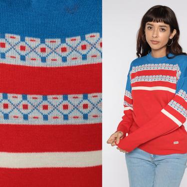 Red Striped Sweater Knit Ski Sweater 80s Pullover Sweater Crewneck Retro Nerd Slouch Jumper Vintage Blue Geometric Medium 