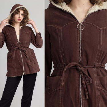70s Mod Brown Hooded Coat - Petite XS to Small | Vintage Boho Cinched Waist Shearling Trim Jacket 