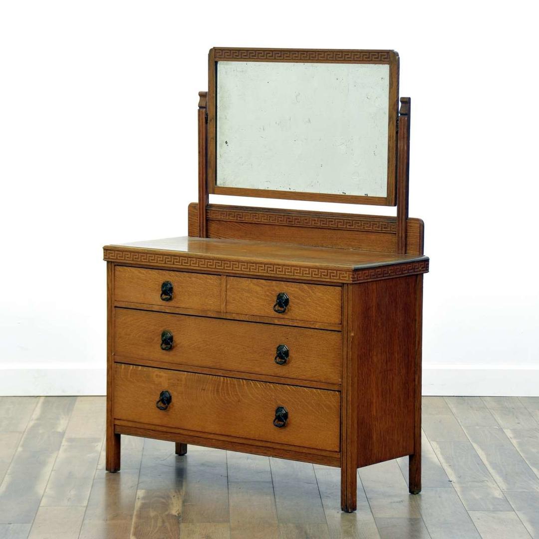 Art Deco Dresser W Mirror & Meander Trim Loveseat (San Diego) San