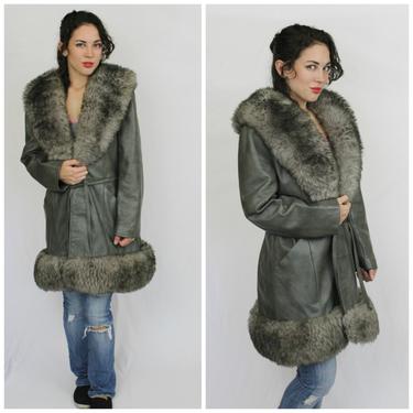 Vintage 60's 70's Hippie Boho Gray Leather Sheepskin Shearling Fur Princess Coat Scully of Los Angeles California 