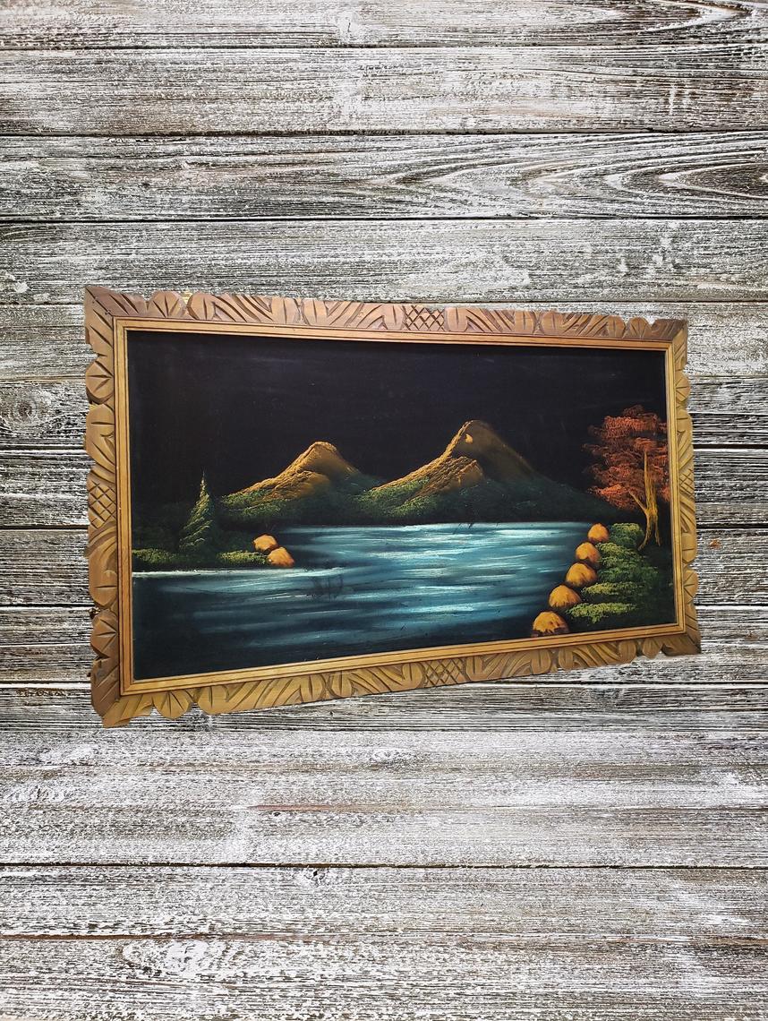 Black Velvet Painting Mexico Landscape Lake House Wall Art Decor Vintage MCM 2024