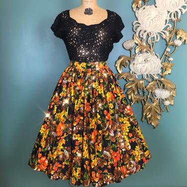 1950s floral skirt, brushed cotton, beaded skirt, vintage 50s skirt, full, high waist, size small, holiday skirt, fit and flare, mrs maisel 