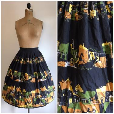 Vintage 1950s Sara Lee Scenic Novelty Print  Border Skirt 50s Victorian Scene Cotton Pleated Skirt 