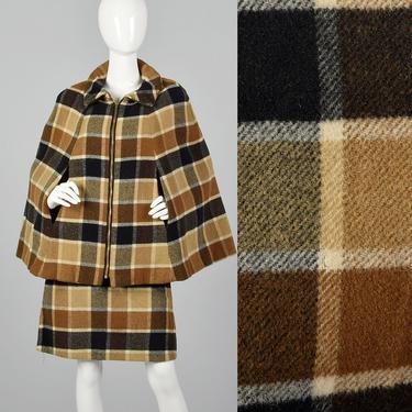 Small 1960s Brown Plaid Skirt Suit Matching Cape Two Piece Set Fall Winter Set Plaid Poncho Outerwear 60s Vintage 