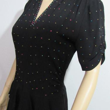 Vintage 1940s Black Studded Cocktail Dress Pin Up Dress Medium 