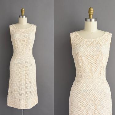 1950s vintage dress | Carol Brent Fishnet Ivory Cocktail Party Wiggle Dress | Small | 50s dress 