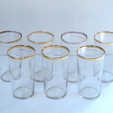 Set 7 Gold Rimmed Glasses Gold Rim Glassware 70's Glam Tumblers  Mid Century HighBall Vintage Barware Retro Cocktail Glasses 