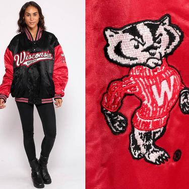 Wisconsin Badgers Jacket University Letterman Satin Bomber Jacket 80s Baseball Varsity Jacket Football 1980s  Snap Up Extra Large xl 2xl 