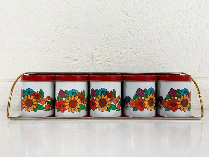 Set Of 6 Vintage USA Milk Glass Spice Jars With Red Metal Screw On Lids