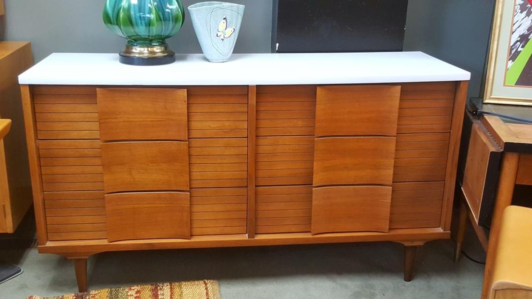 Mid Century Modern Walnut 6 Drawer Dresser With White Top By