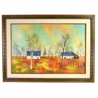 1968 French Midcentury Modern Abstract Oil Painting Landscape w Farm Brulere 
