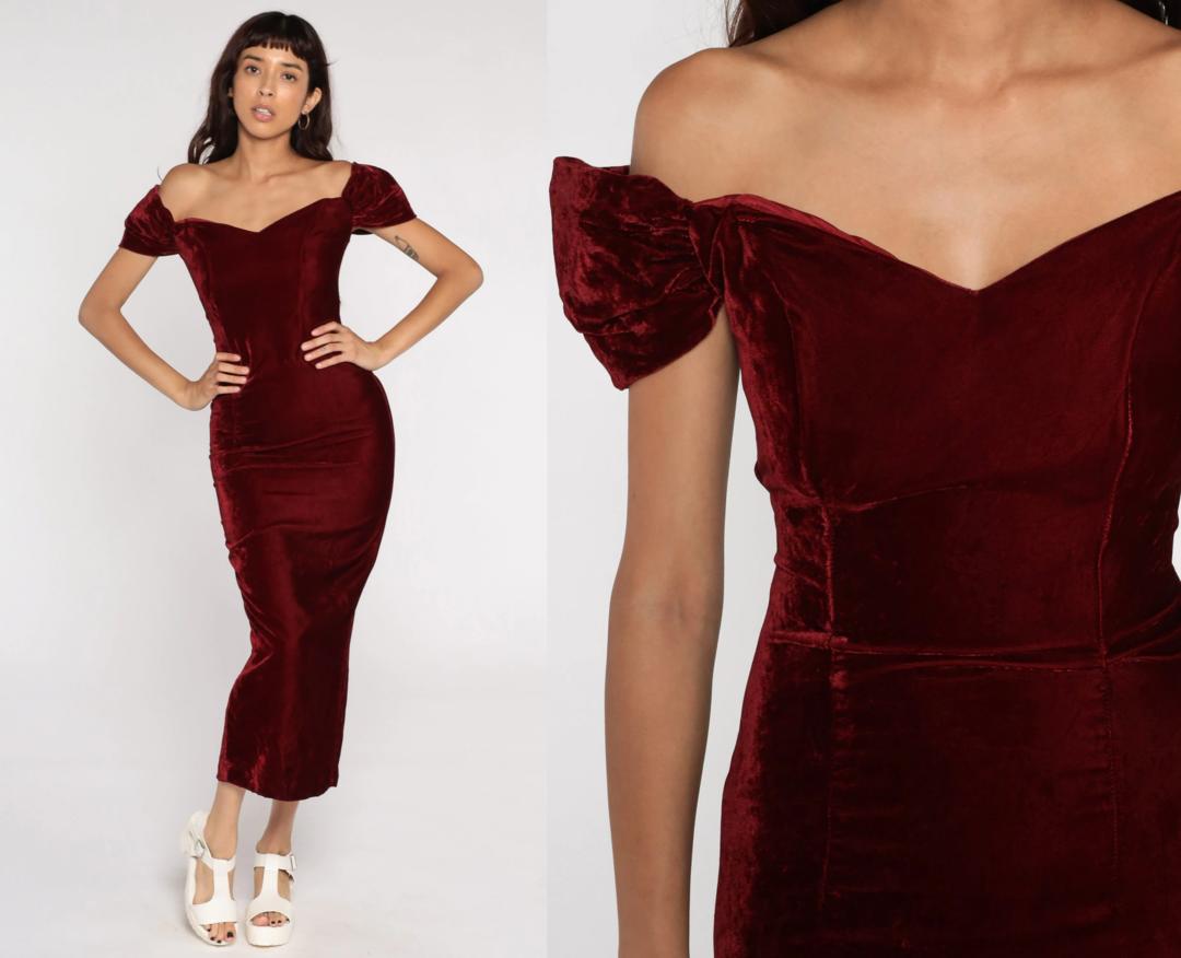 Vintage 80’s red velvet off shoulder dress buy