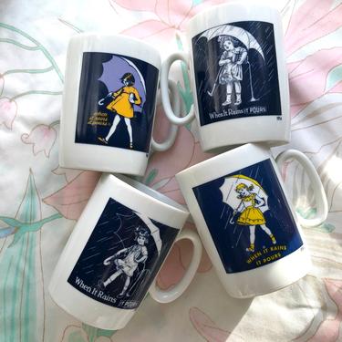 Morton Salt Mugs, Collectable “When it Rains it Pours” Set of 4 Styles, Ceramic Coffee/Tea Mugs, Years 1914-1968 