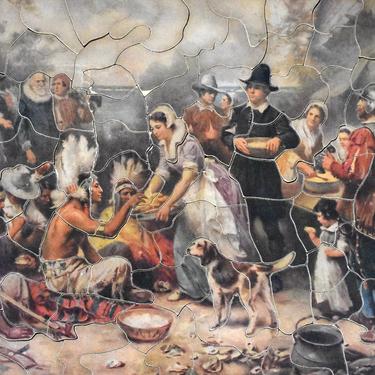 RARE! Gorgeous 1930s Jig Saw Picture Puzzle - Pilgrims &quot;Peace Feast&quot; - 14&quot;x9&quot;&quot; Puzzle -  106 Pieces - PUZZLE LOVERS! | Free Shipping 