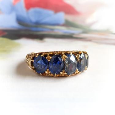 Antique Victorian 5.24ct.tw. Natural Blue Sapphire Five Stone Half Hoop Belcher Ring 18k Yellow Gold 