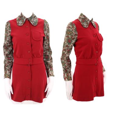 70s glam rock red skater mini 2 piece set XS  / vintage 1970s knit nylon mini skirt &amp; crop top jacket outfit dress 0-2 