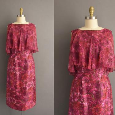 1950s vintage dress | Gorgeous Pink &amp; Purple Floral Print Silk Cocktail Wiggle Dress | Small | 50s dress 